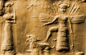 Inanna holds a lion on a leash.